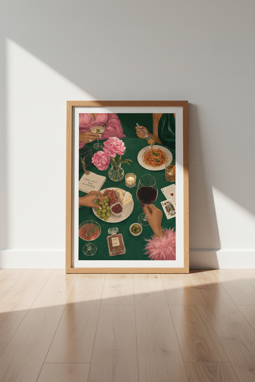 Dinner Party Wall Art | Moody Pink &amp; Green Food Poster, Kitchen Dining Decor