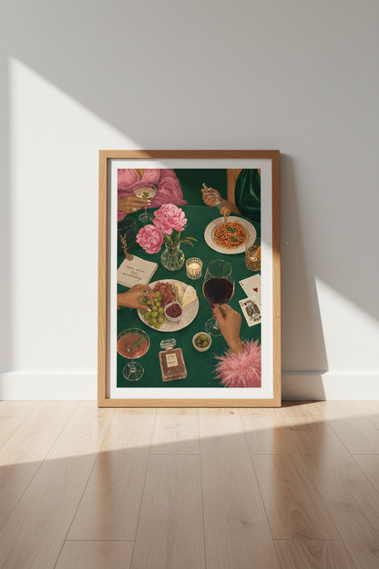 Dinner Party Wall Art | Moody Pink &amp; Green Food Poster, Kitchen Dining Decor