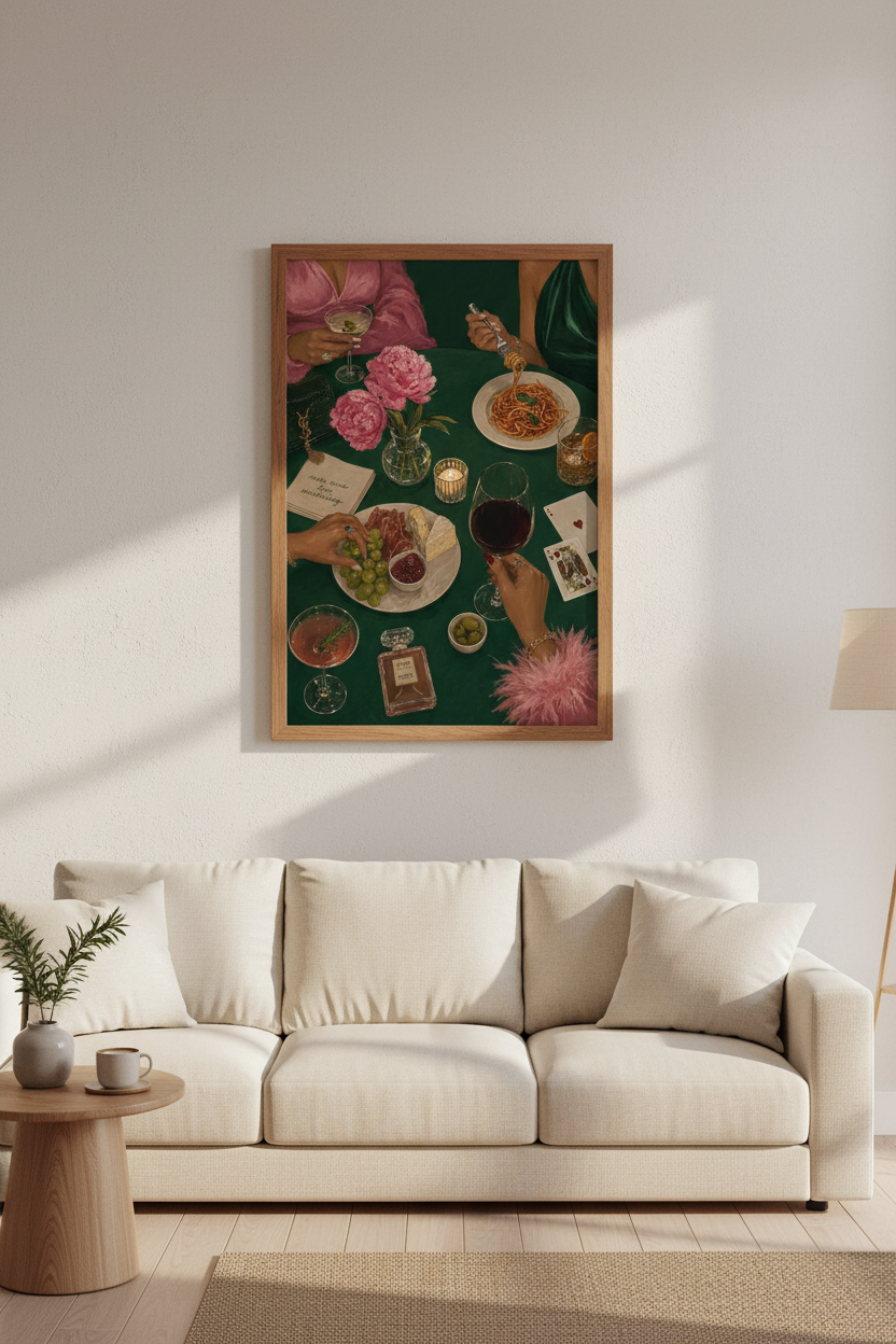 Dinner Party Wall Art | Moody Pink &amp; Green Food Poster, Kitchen Dining Decor