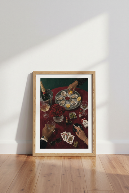 Oysters &amp; Champagne Wall Art | Moody Red Luxury Decor | Maximalist Poster