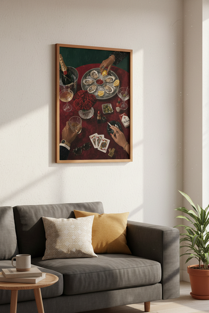 Oysters &amp; Champagne Wall Art | Moody Red Luxury Decor | Maximalist Poster