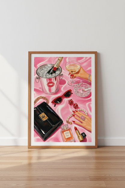 Pink Glamour Fashion Wall Art | Luxury Champagne &amp; Perfume Print, Chic Room Decor