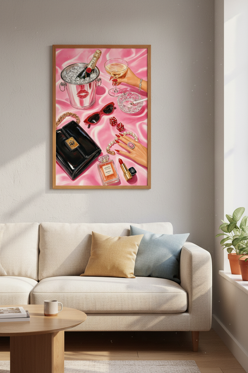 Pink Glamour Fashion Wall Art | Luxury Champagne &amp; Perfume Print, Chic Room Decor