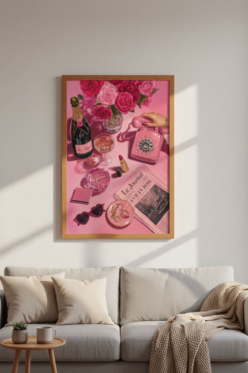 Pink Champagne Still Life | Preppy Aesthetic Decor, Maximalist Flower Poster