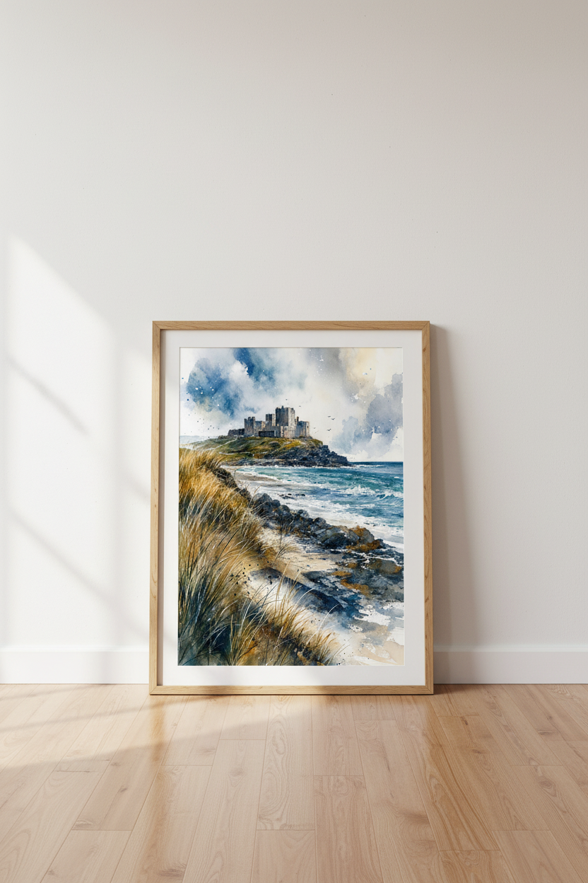 Coastal Castle Watercolor Print | Blue Moody Landscape Art, Living Room Decor
