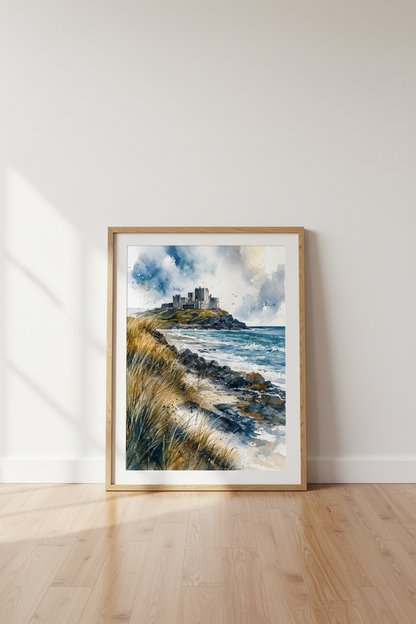 Coastal Castle Watercolor Print | Blue Moody Landscape Art, Living Room Decor
