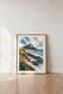 Coastal Castle Watercolor Print | Blue Moody Landscape Art, Living Room Decor