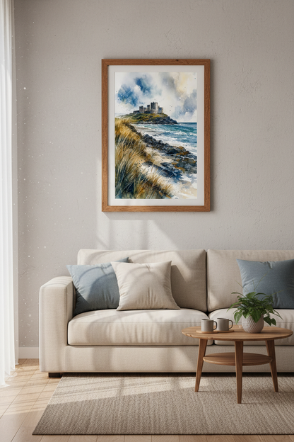 Coastal Castle Watercolor Print | Blue Moody Landscape Art, Living Room Decor