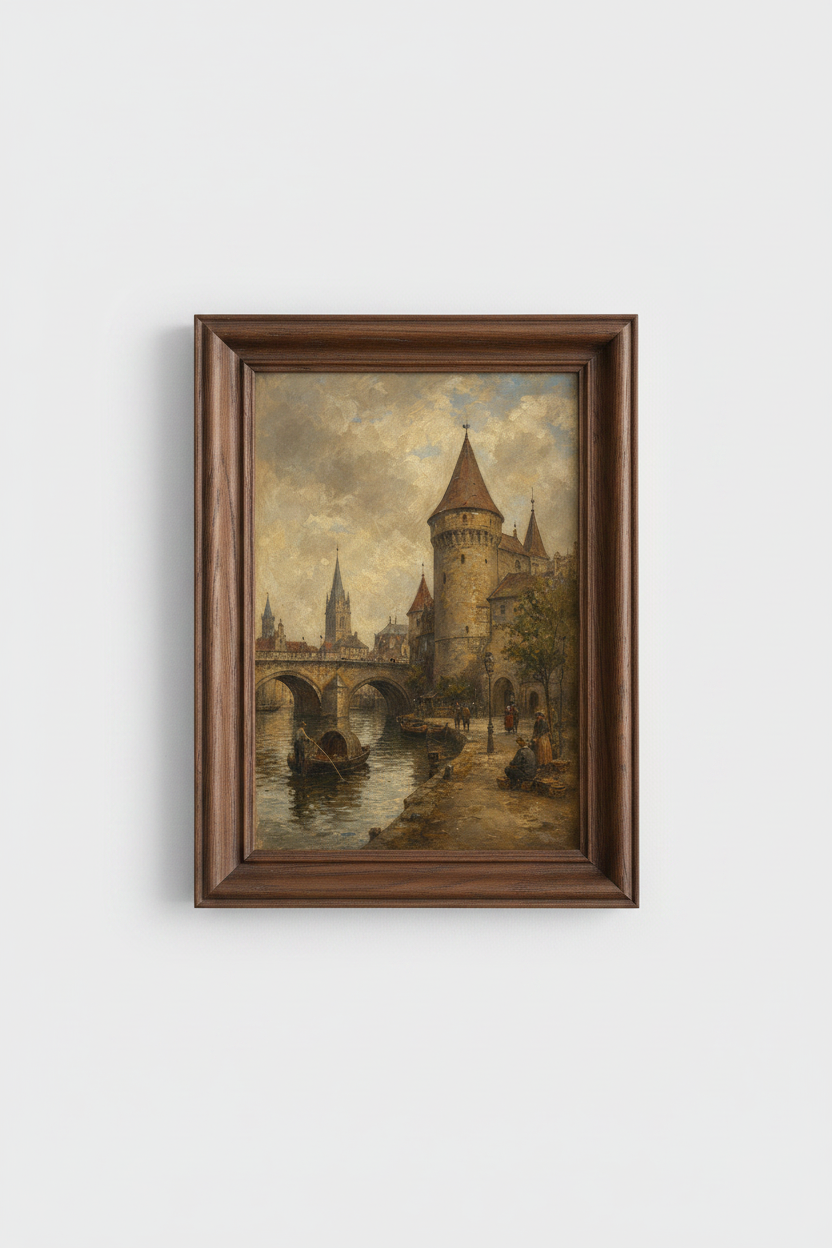 Prague wall art | Impressionist skyline, dusk hues | Living room decor