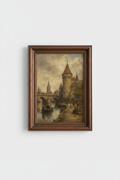 Prague wall art | Impressionist skyline, dusk hues | Living room decor