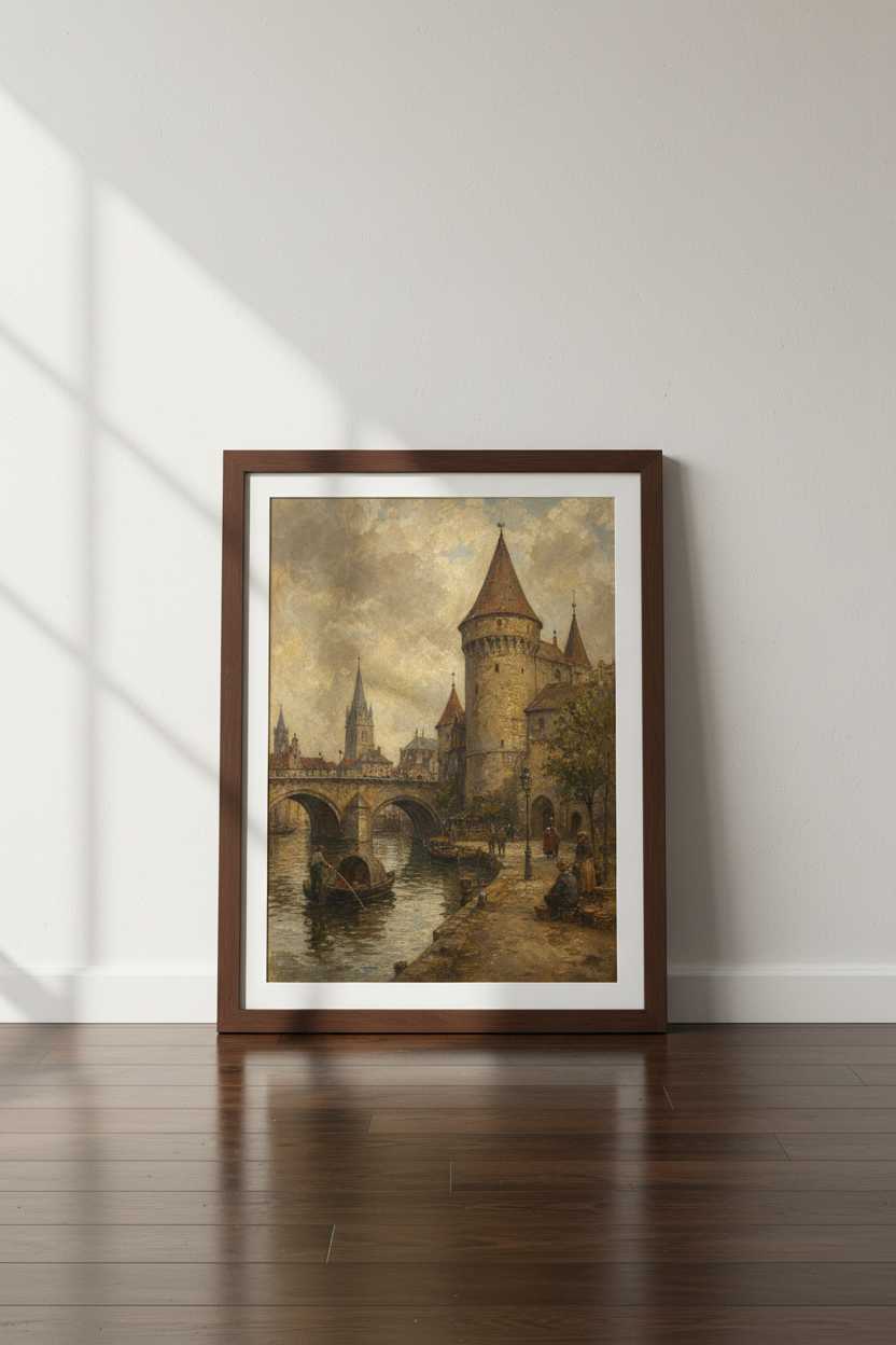 Prague wall art | Impressionist skyline, dusk hues | Living room decor