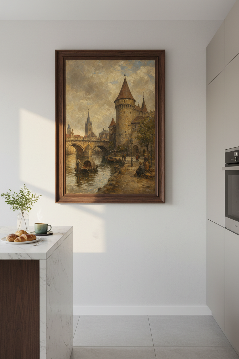 Prague wall art | Impressionist skyline, dusk hues | Living room decor