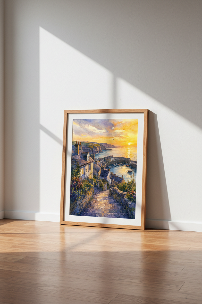 Coastal Village Sunset | Watercolor Harbor View, Seaside Cottage Decor
