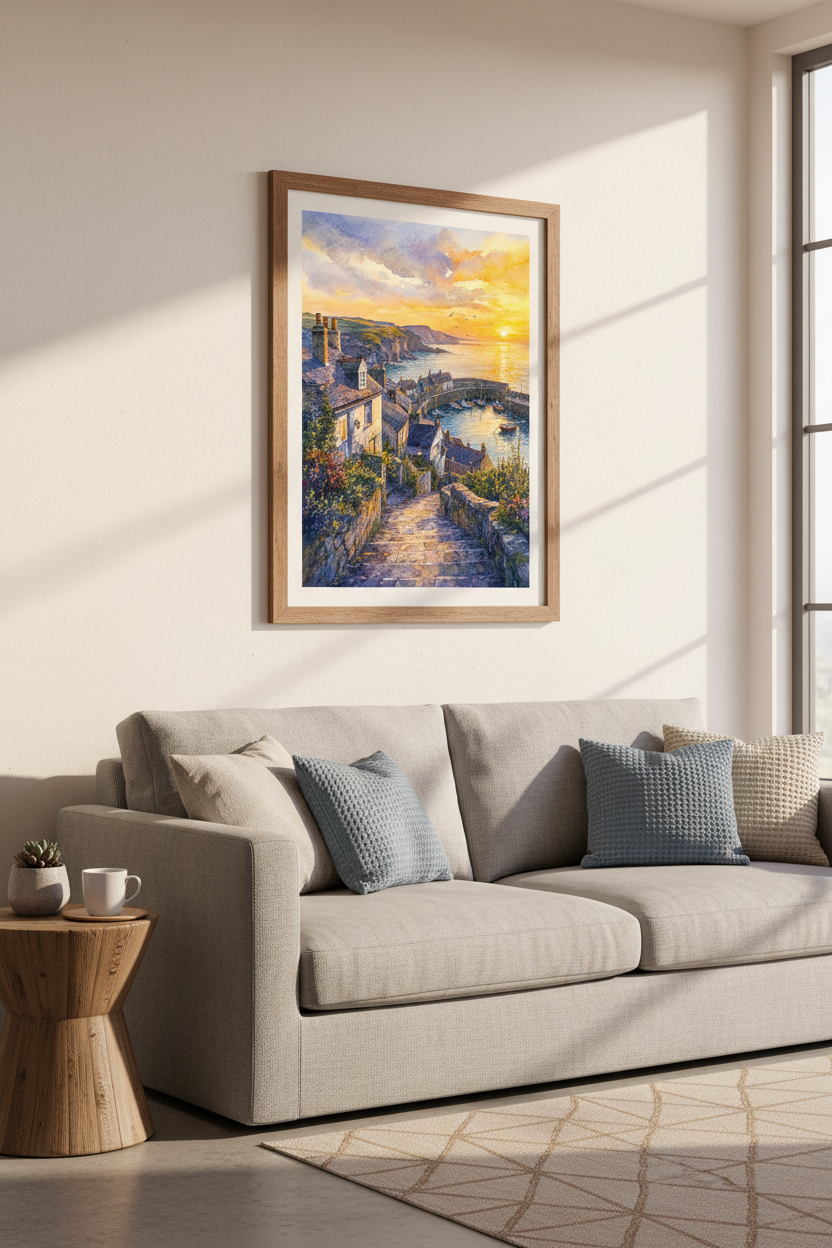 Coastal Village Sunset | Watercolor Harbor View, Seaside Cottage Decor