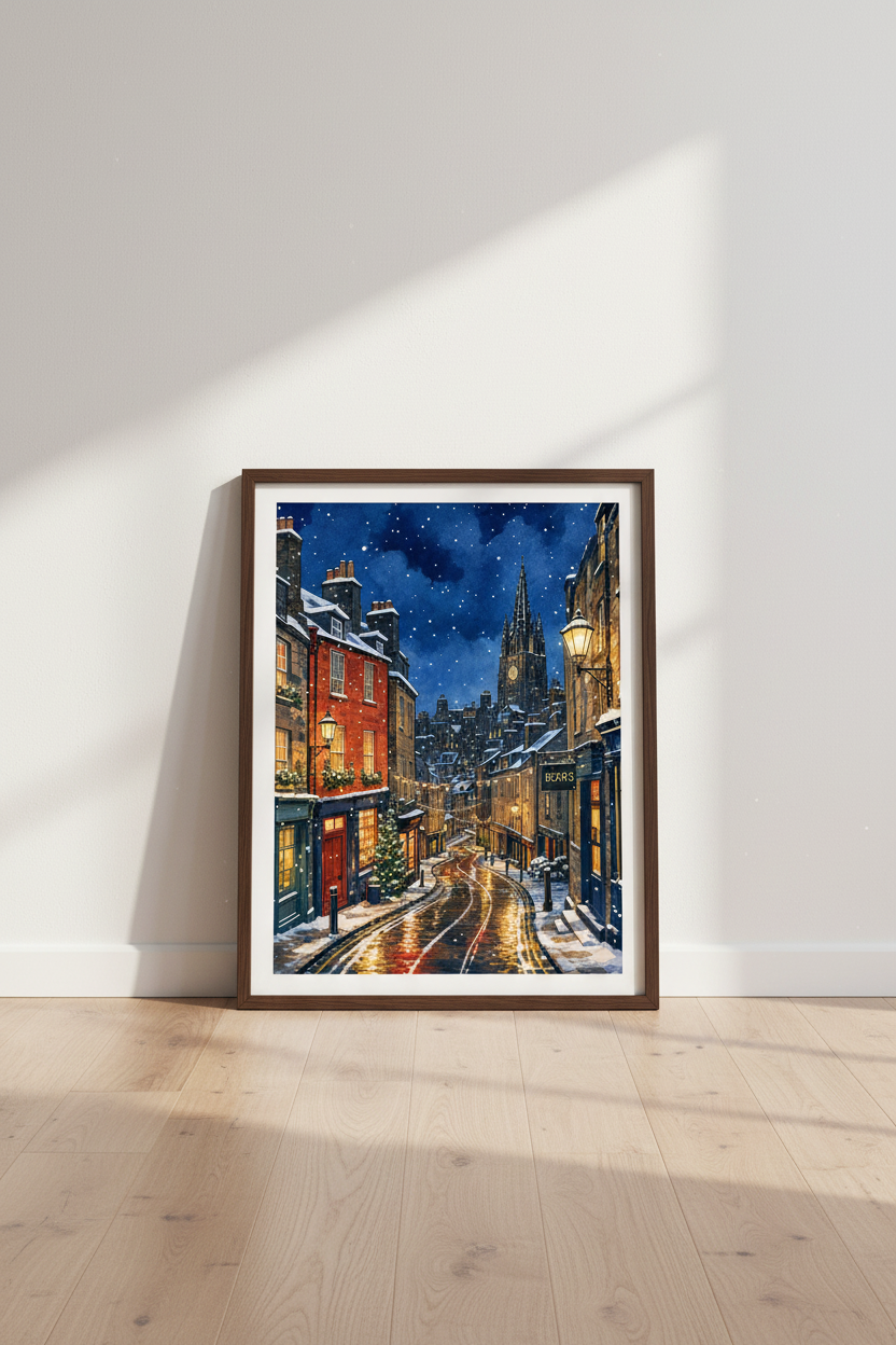 Winter Village Watercolor Art | Snowy Night Cityscape, Holiday Wall Decor