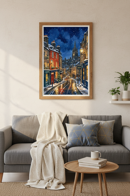 Winter Village Watercolor Art | Snowy Night Cityscape, Holiday Wall Decor