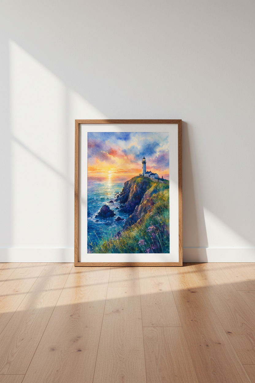 Lighthouse Sunset Watercolor Print | Coastal Home Decor | Nautical Wall Art