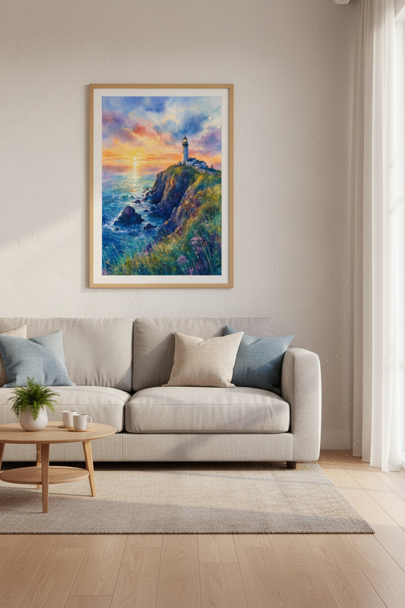 Lighthouse Sunset Watercolor Print | Coastal Home Decor | Nautical Wall Art