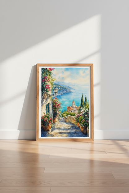Amalfi Coast Watercolor | Italy Landscape Print, Mediterranean Coastal Wall Art
