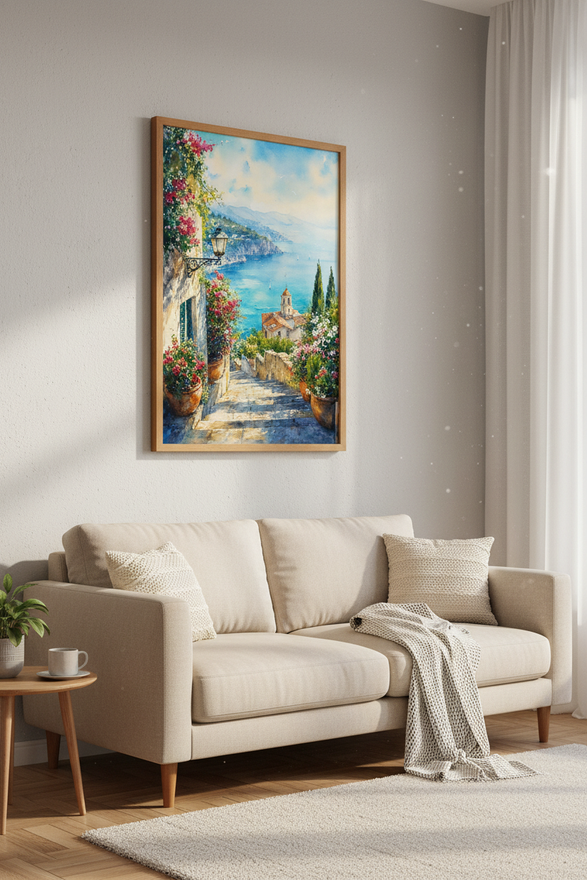 Amalfi Coast Watercolor | Italy Landscape Print, Mediterranean Coastal Wall Art