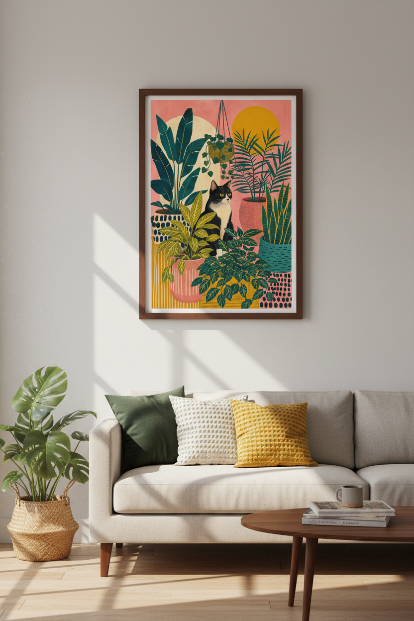 Tuxedo Cat &amp; Plants Art Print | Boho Botanical Decor | Mid Century Poster
