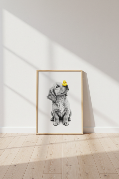 Golden Retriever Puppy with Duck Wall Art | Nursery &amp; Bathroom Decor | Whimsical Poster