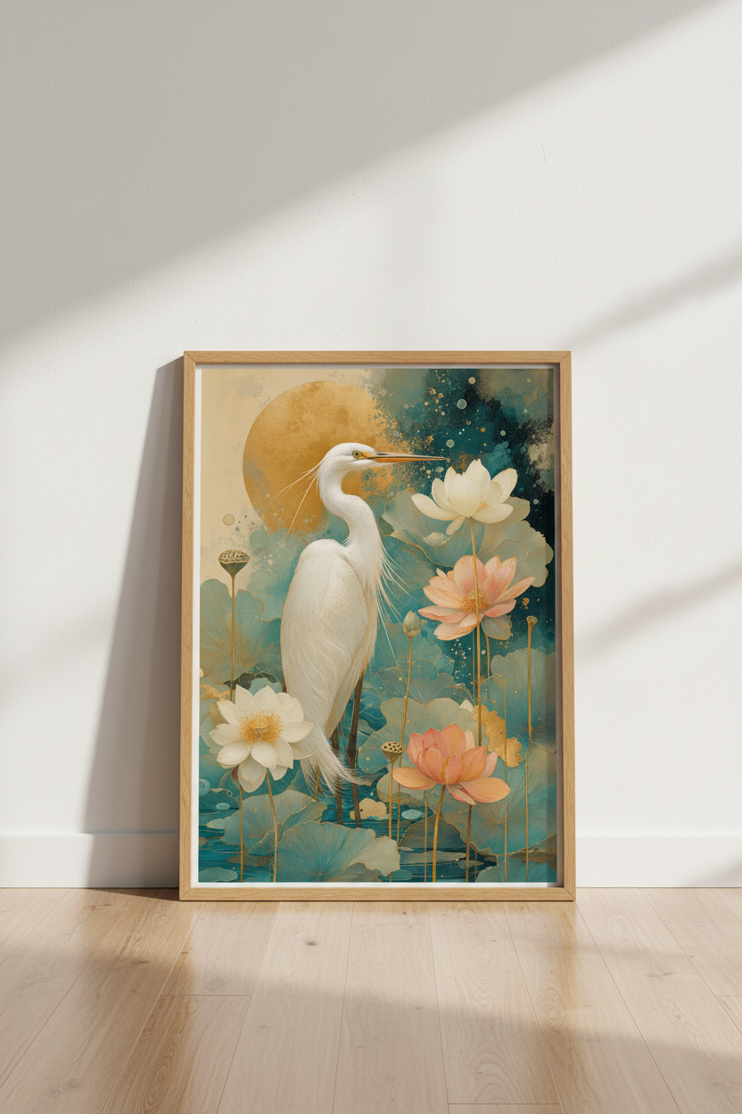 White Egret Lotus Wall Art | Teal and Gold Chinoiserie | Japanese Style Poster