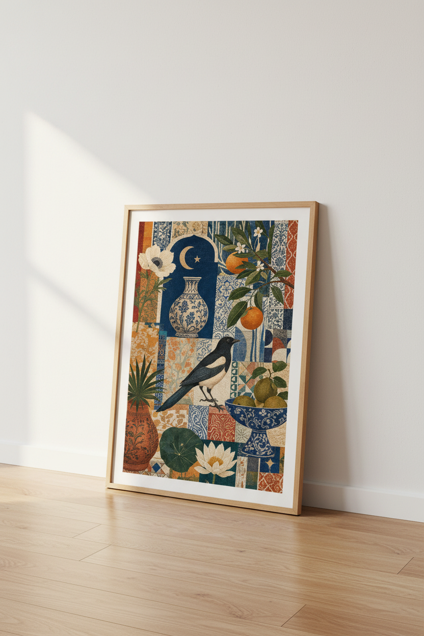 Magpie Bird &amp; Persian Tile Wall Art | Navy Blue Orange Decor | Maximalist Poster