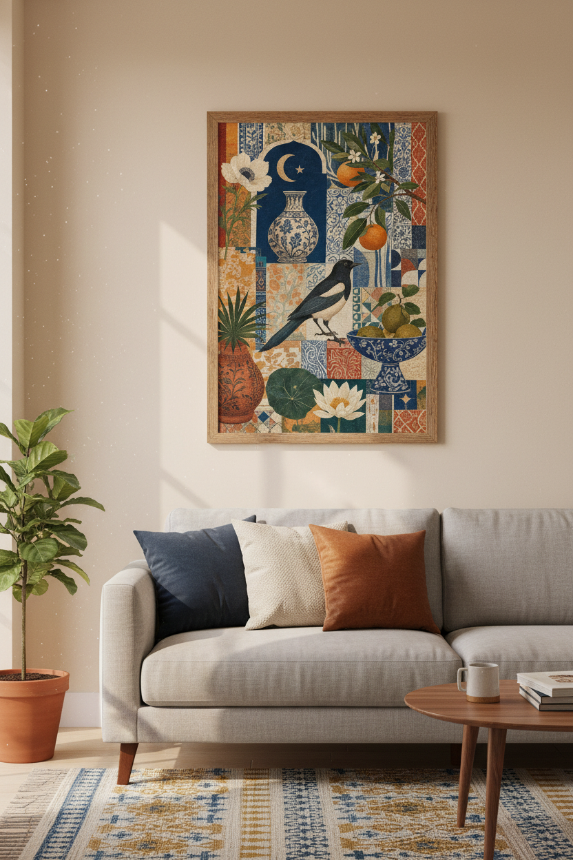 Magpie Bird &amp; Persian Tile Wall Art | Navy Blue Orange Decor | Maximalist Poster