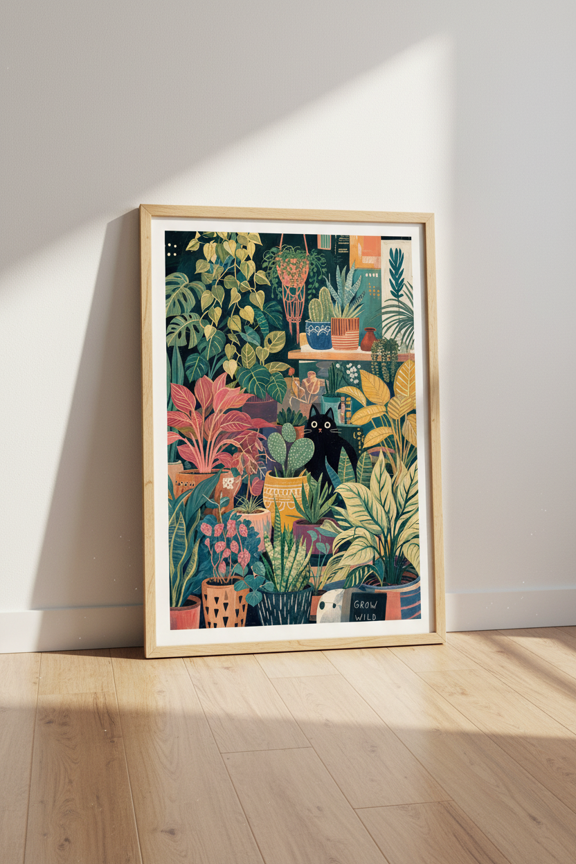 Black Cat in Secret Garden Wall Art | Boho Botanical Decor | Maximalist Poster