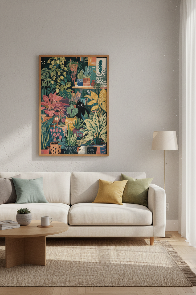Black Cat in Secret Garden Wall Art | Boho Botanical Decor | Maximalist Poster