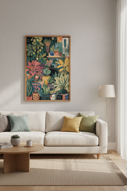 Black Cat in Secret Garden Wall Art | Boho Botanical Decor | Maximalist Poster