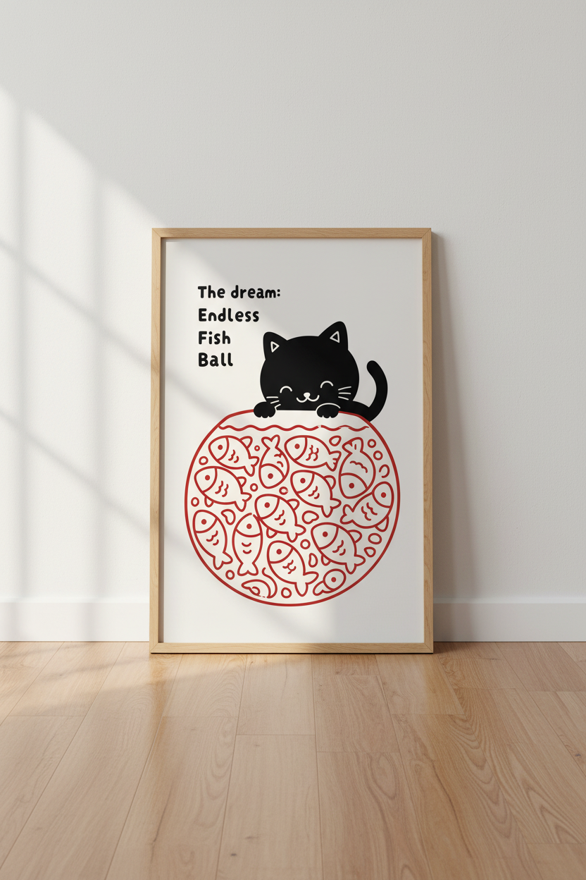 Funny Cat Art Print | Minimalist Black Cat Poster, Red &amp; Cream Nursery Decor