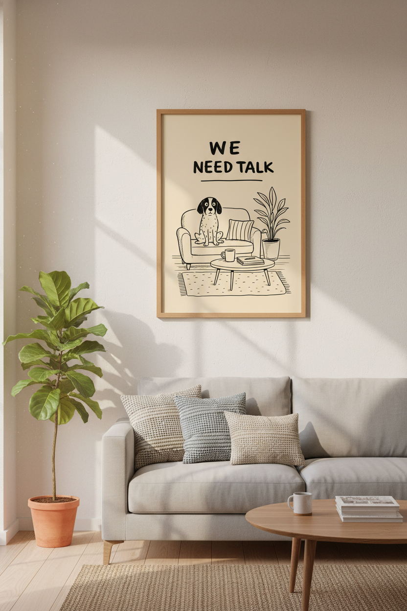 Funny Dog Wall Art | Hand-Drawn We Need Talk Poster, Minimalist Office Decor