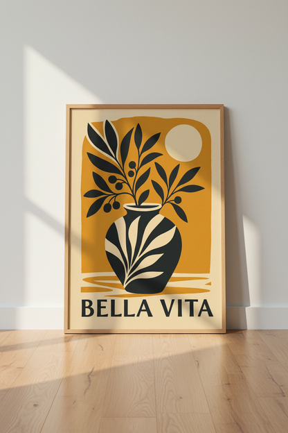 Bella Vita Olive Branch Wall Art | Mediterranean Ochre Poster, Aesthetic Decor
