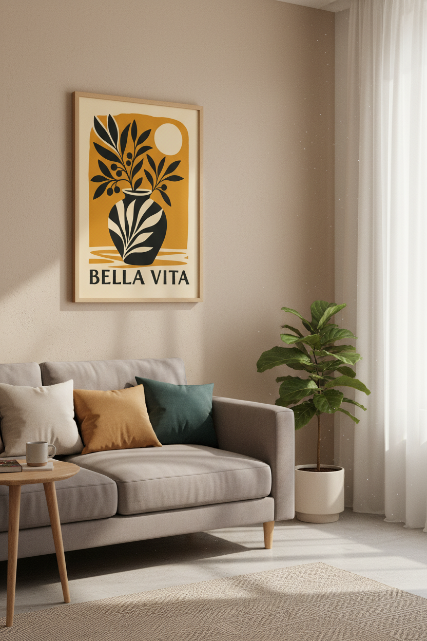 Bella Vita Olive Branch Wall Art | Mediterranean Ochre Poster, Aesthetic Decor