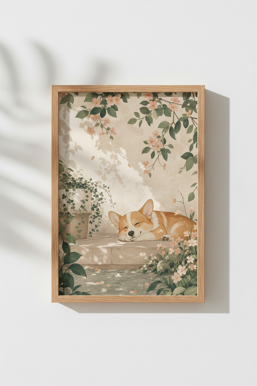 Corgi Wall Art Print | Sleeping Dog Watercolor Poster, Botanical Nursery Decor