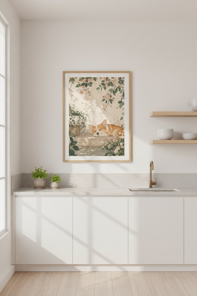 Corgi Wall Art Print | Sleeping Dog Watercolor Poster, Botanical Nursery Decor