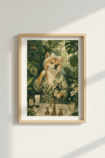 Shiba Inu Dog Bathroom Wall Art Print | Botanical Spa Decor | Whimsical Animal Poster