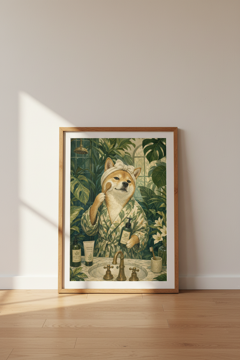 Shiba Inu Dog Bathroom Wall Art Print | Botanical Spa Decor | Whimsical Animal Poster