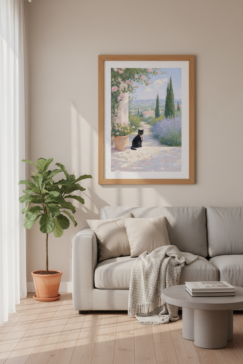Black Cat in Provence Garden Wall Art | French Country Decor | Impressionist Poster