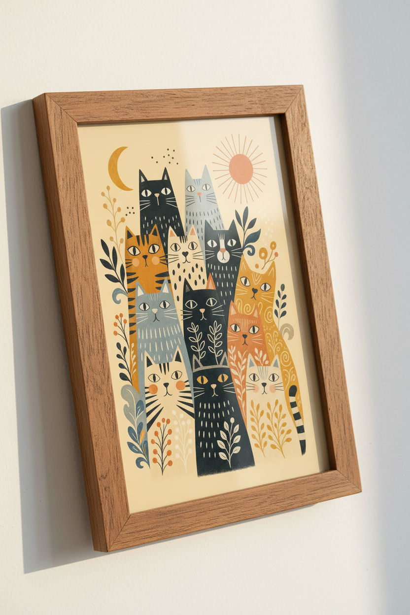 Folk Art Cat Colony Wall Art Print | Boho Living Room Decor | Whimsical Feline Poster