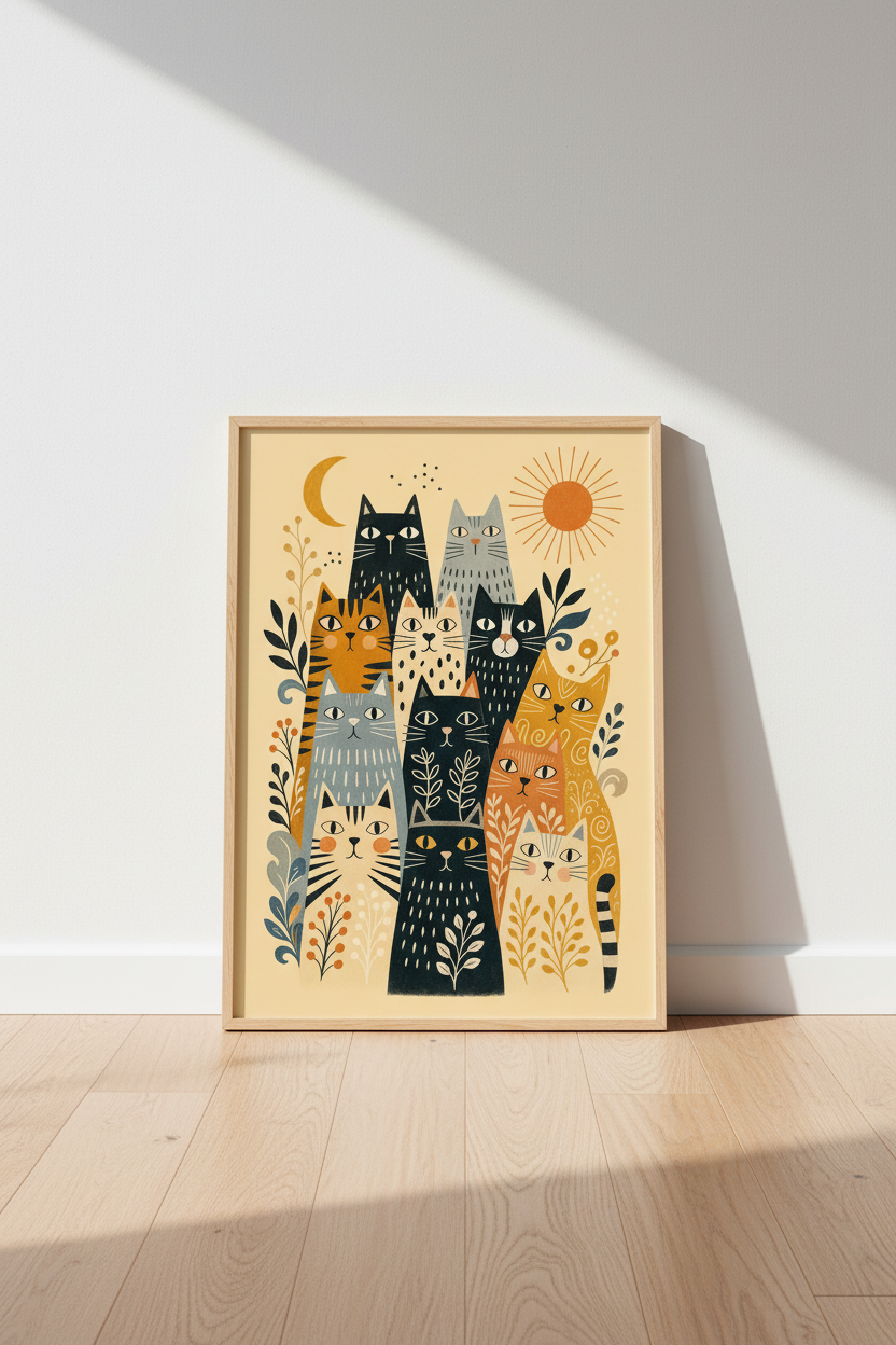 Folk Art Cat Colony Wall Art Print | Boho Living Room Decor | Whimsical Feline Poster
