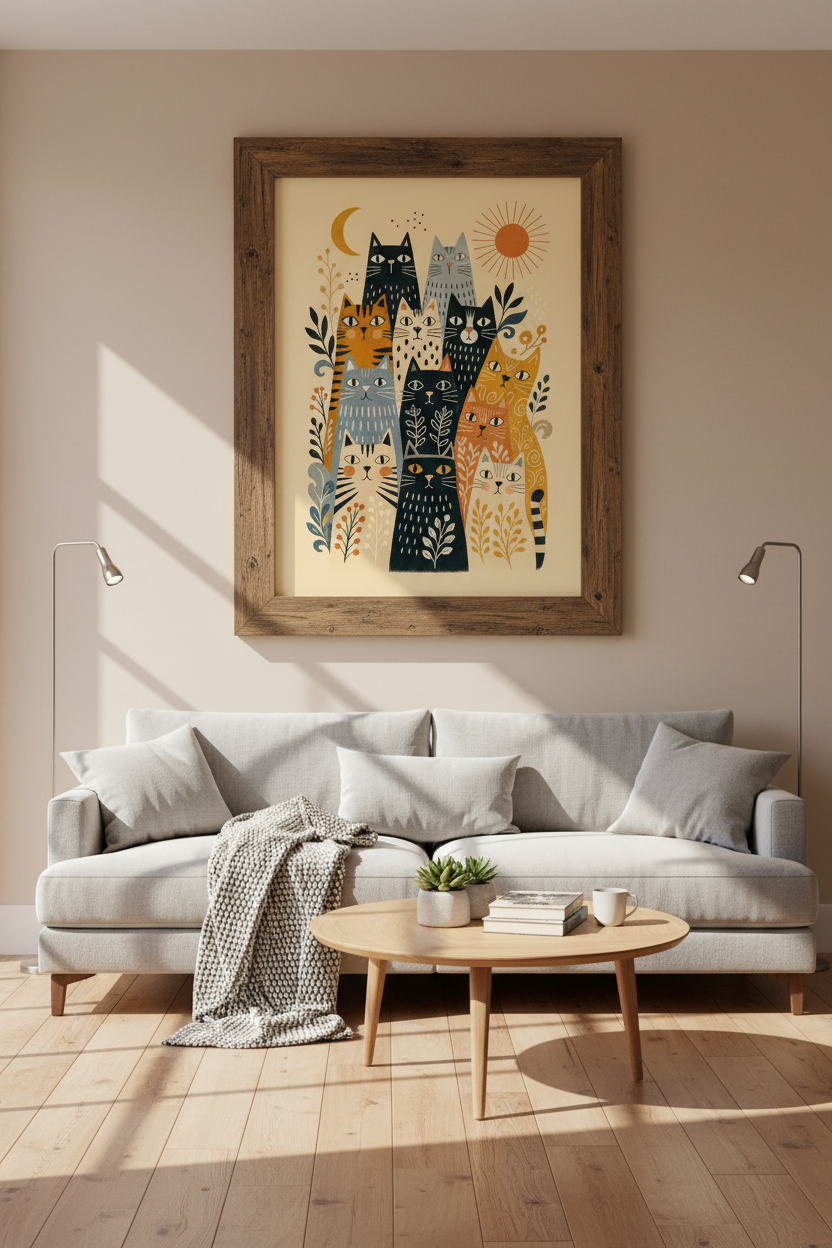 Folk Art Cat Colony Wall Art Print | Boho Living Room Decor | Whimsical Feline Poster