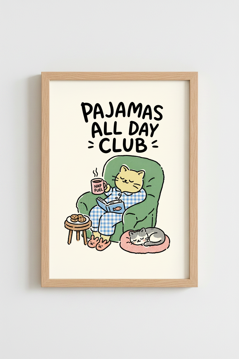 cat in tub poster | Whimsical illustration, Pastel tones | Living room decor