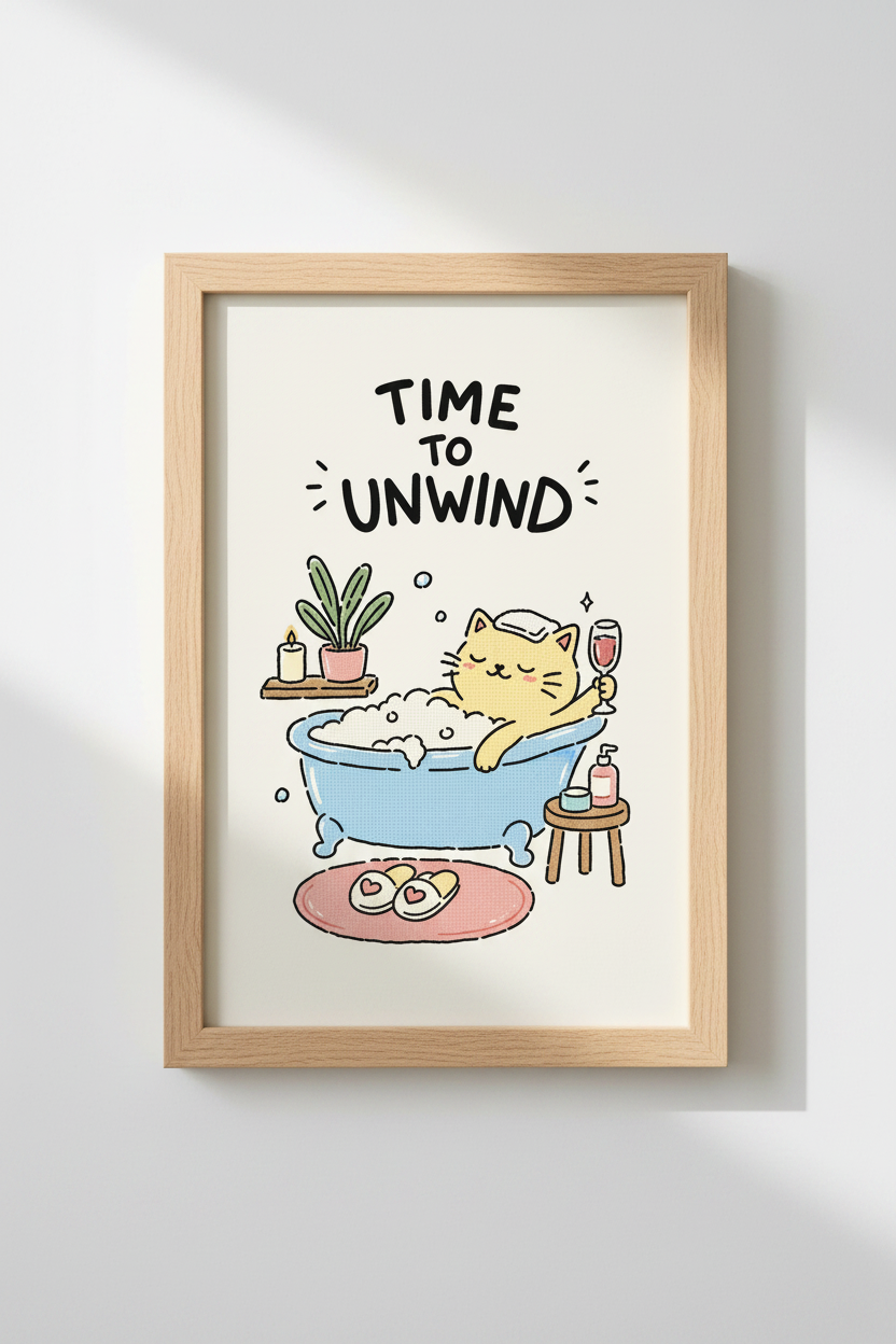 cat in tub poster | Whimsical illustration, Pastel tones | Living room decor