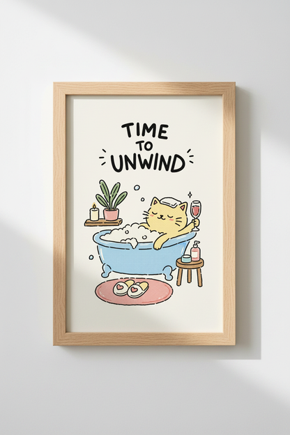 cat in tub poster | Whimsical illustration, Pastel tones | Living room decor