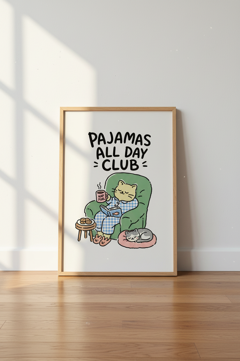cat in tub poster | Whimsical illustration, Pastel tones | Living room decor