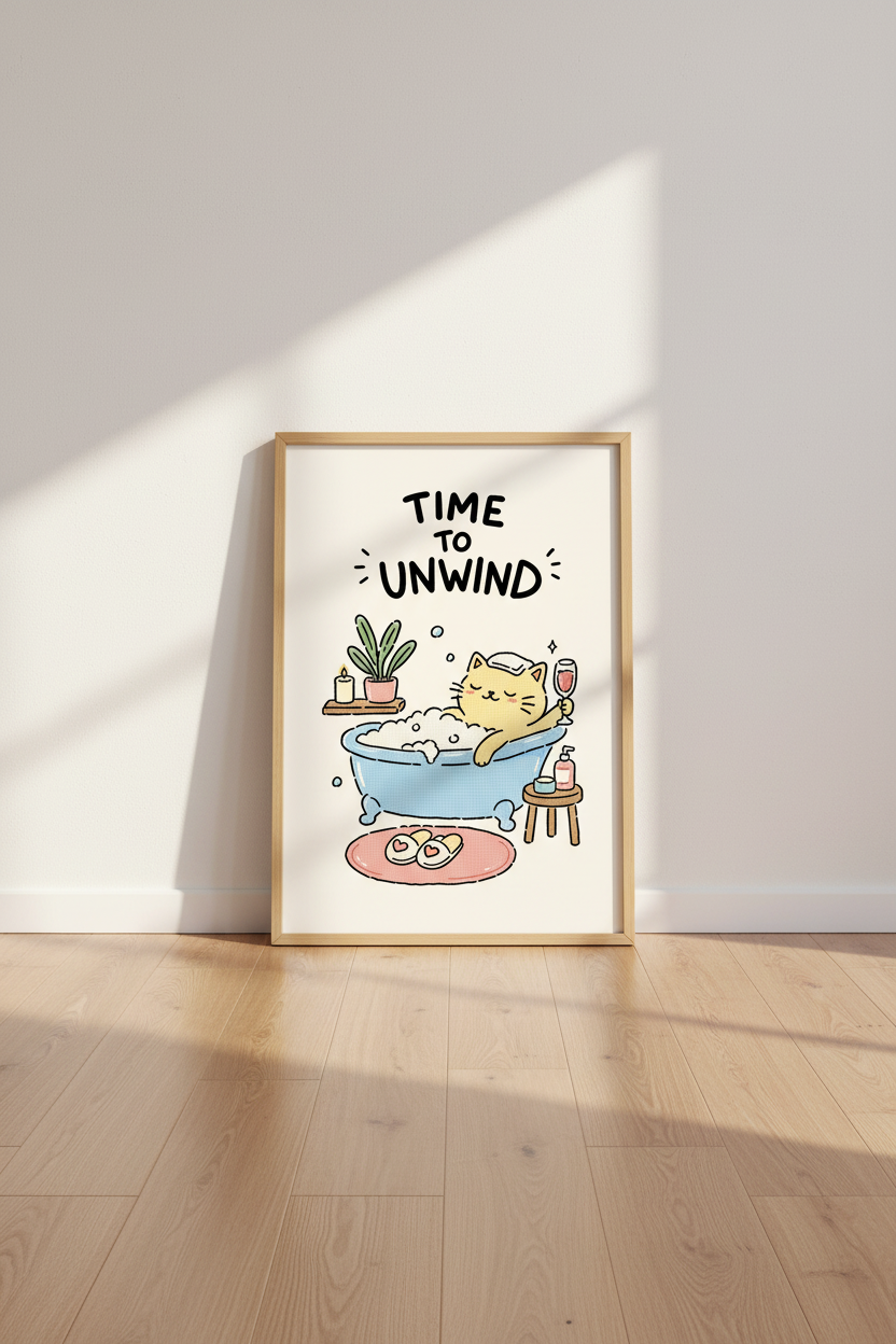 cat in tub poster | Whimsical illustration, Pastel tones | Living room decor