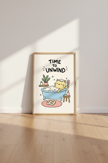 cat in tub poster | Whimsical illustration, Pastel tones | Living room decor